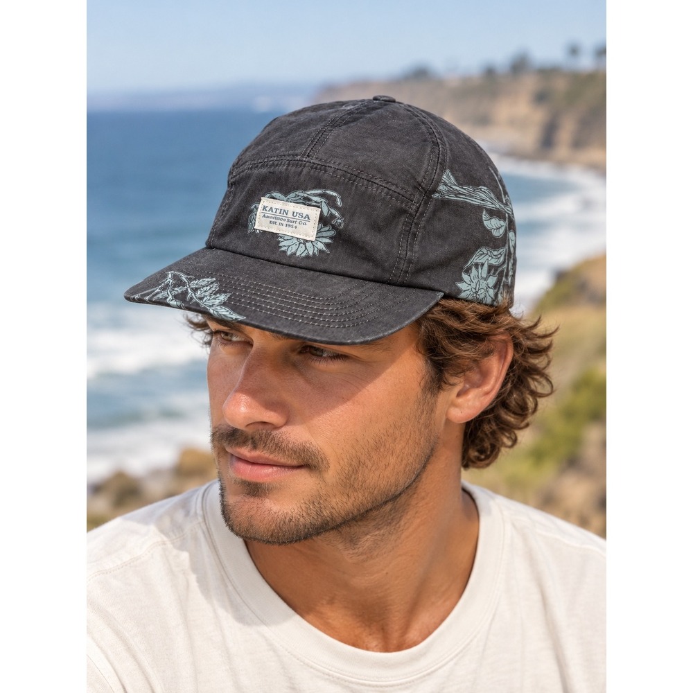 Katin USA Mens Washed Black Floral 5 Panel Camper Hat Leather Strap Adjustable